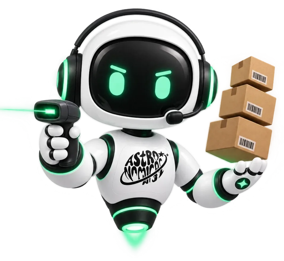 Cosmo, el asistente de inventario de Astronomical, con un lector de códigos y cajas