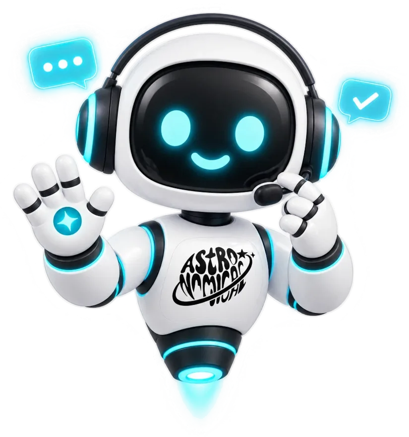 Lyra, la asistente de atención al cliente de Astronomical, saludando con burbujas de chat
